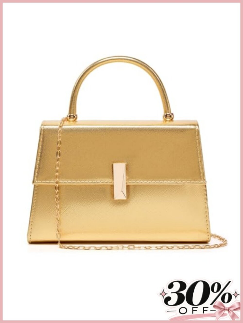 PU Leather Evening Clutch Top Handle Purse with Gold Metal Clasp Detachable